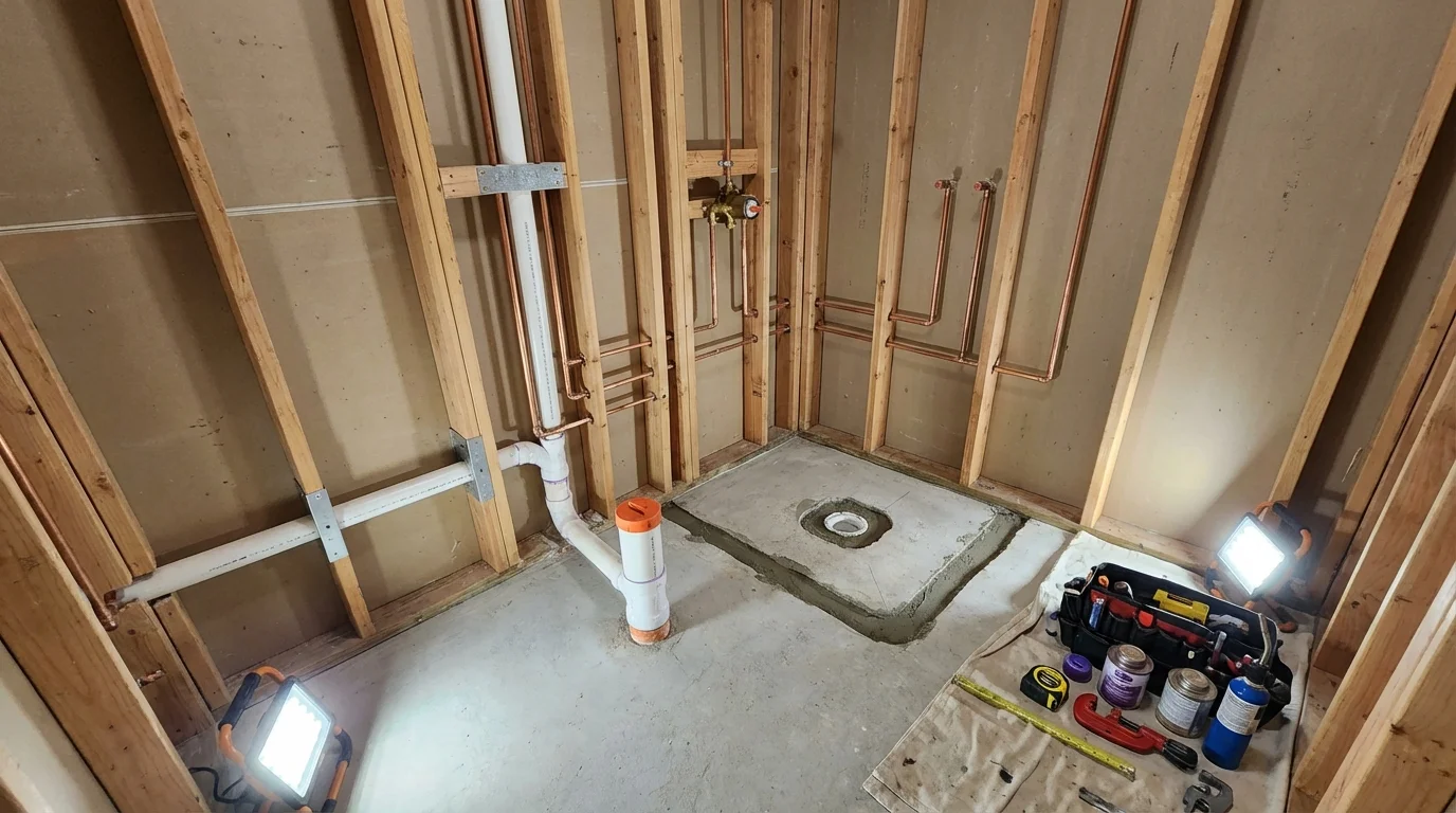 Bathroom rough-in plumbing during remodel by Johns Plumbing LLC in Cape Charles