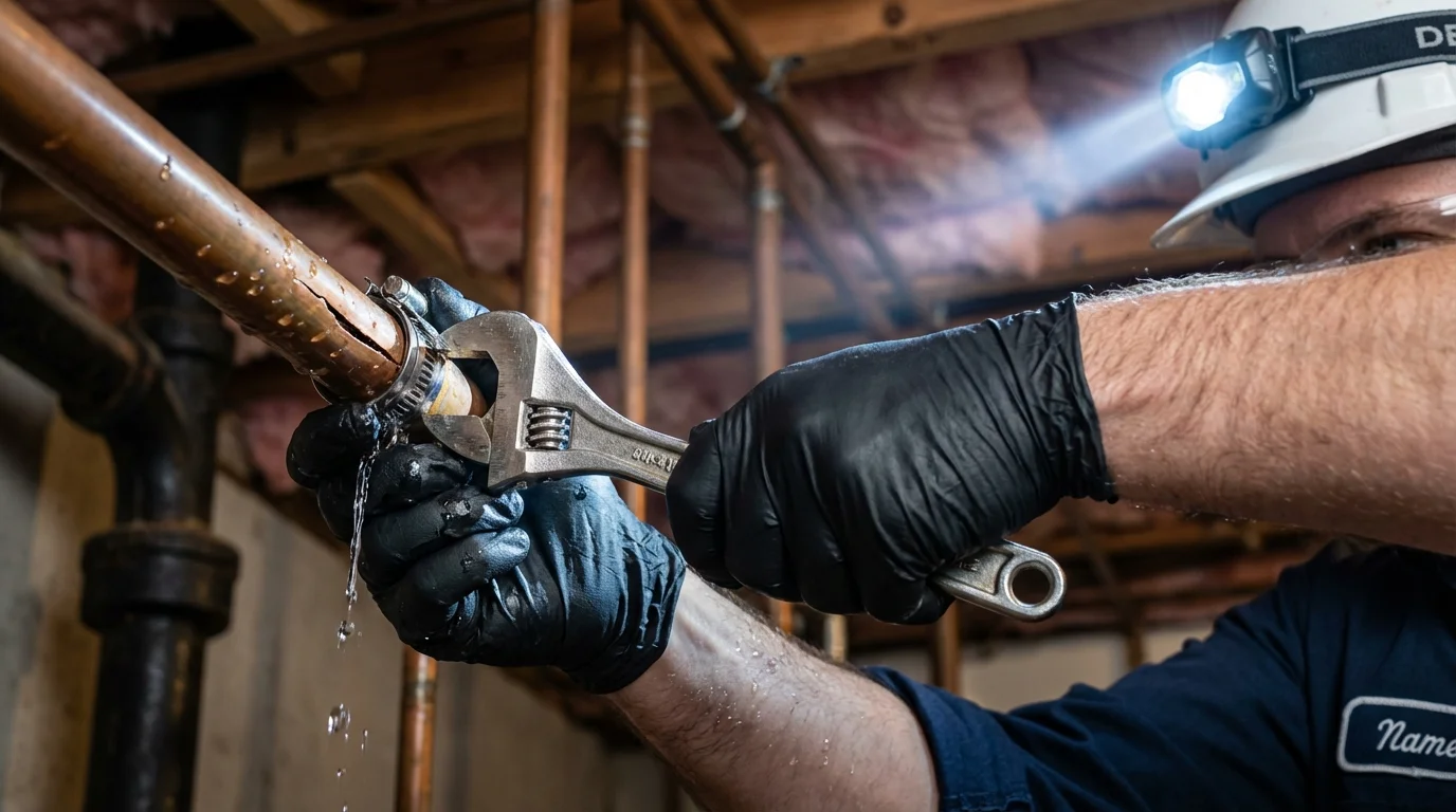 Emergency pipe clamp repair being performed by a Johns Plumbing LLC plumber in Cape Charles