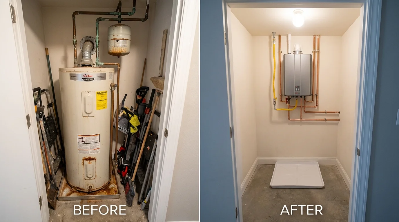 Tank water heater versus wall-mounted tankless unit comparison for Cape Charles, VA homeowners