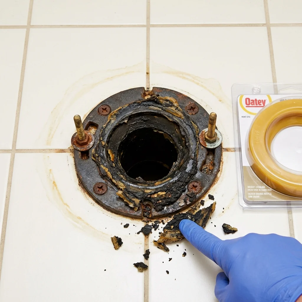 Failed wax ring showing water seepage at the base of a toilet in a Cape Charles, VA home