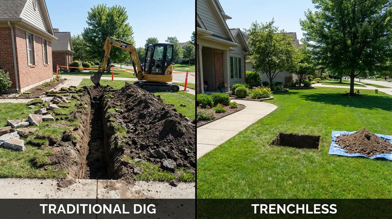 Trenchless sewer repair with minimal yard damage versus traditional excavation in Cape Charles, VA