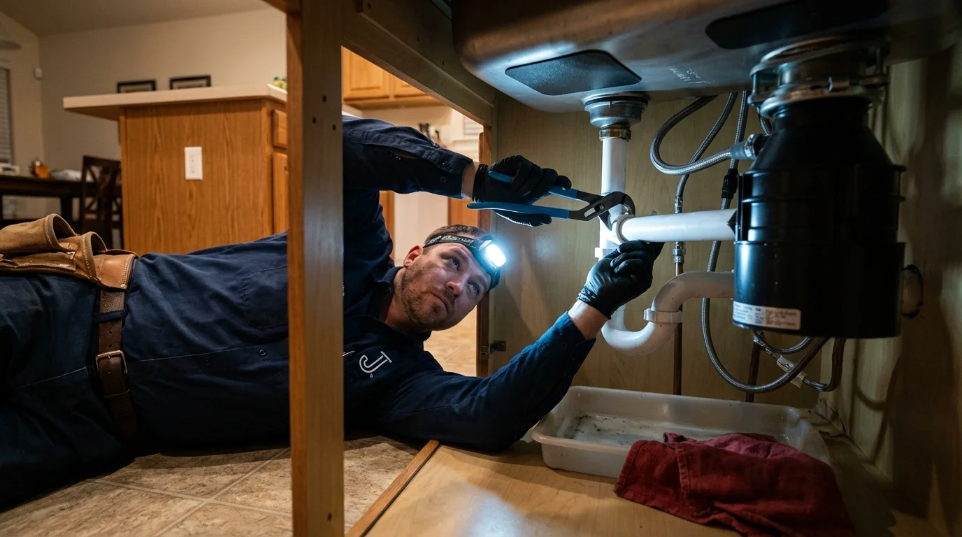 P-trap and supply line connections under a kitchen sink showing a common leak point in Cape Charles, VA